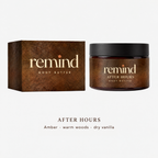 AFTER HOURS body butter by REMIND: brown jar and box, scent notes amber, warm woods and dry vanilla