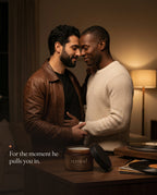 Two men slow-dancing in a lamplit living room, foreheads together; an open jar of REMIND HOLD body butter on the sideboard. Caption: For the moment he pulls you in.