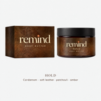 HOLD body butter by REMIND: brown jar and box, scent notes cardamom, soft leather, patchouli and amber