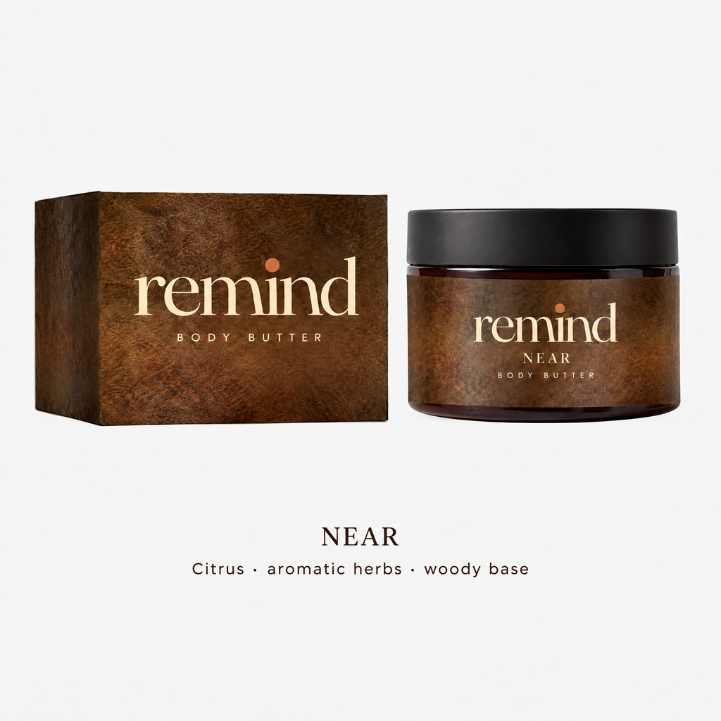 NEAR body butter by REMIND: brown jar and box, scent notes citrus, aromatic herbs and a woody base