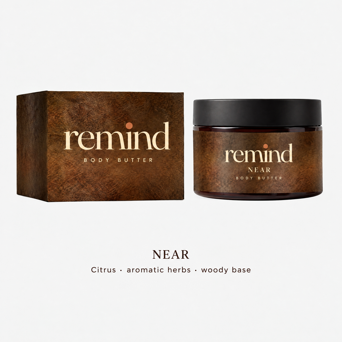 NEAR body butter by REMIND: brown jar and box, scent notes citrus, aromatic herbs and a woody base