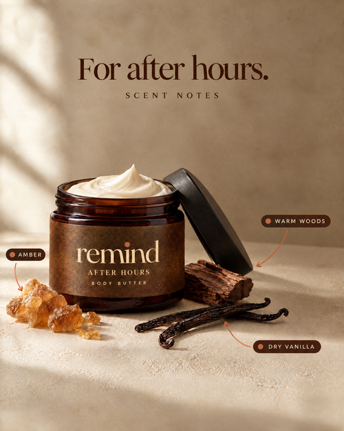 Open jar of AFTER HOURS body butter with its scent notes: amber, warm woods and dry vanilla