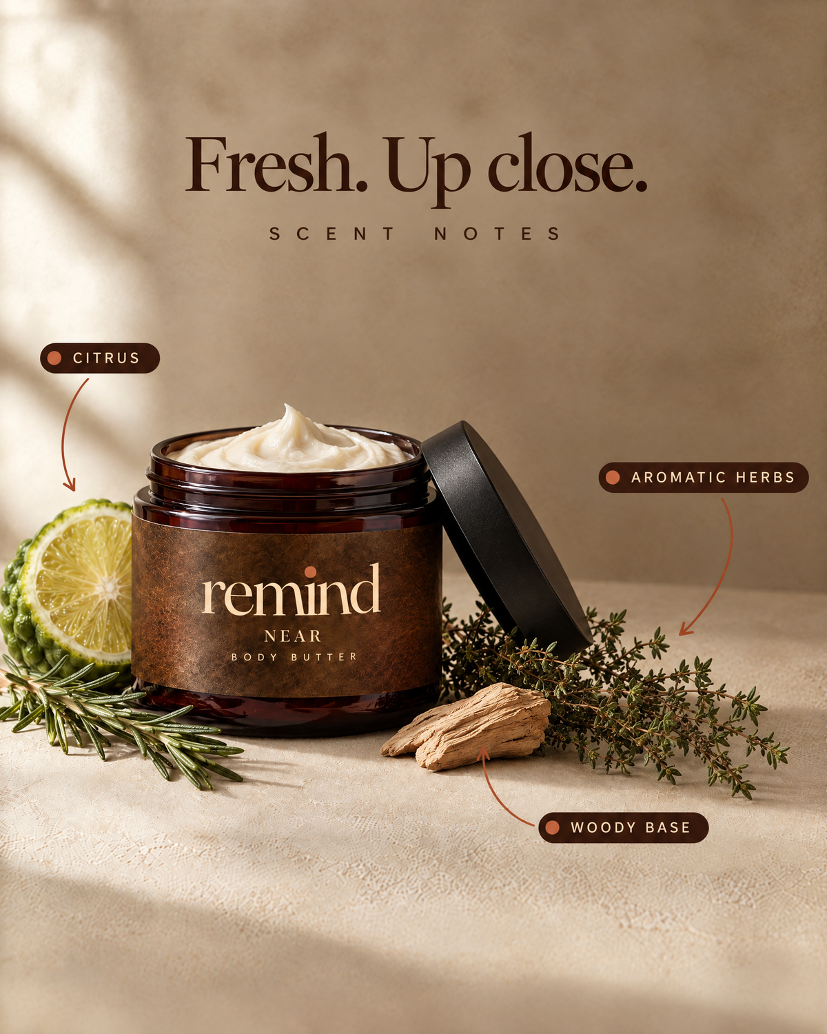 Open jar of NEAR body butter with its scent notes: citrus, aromatic herbs and a woody base
