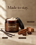 Open jar of STAY body butter with its scent notes: warm spices, vanilla and sandalwood